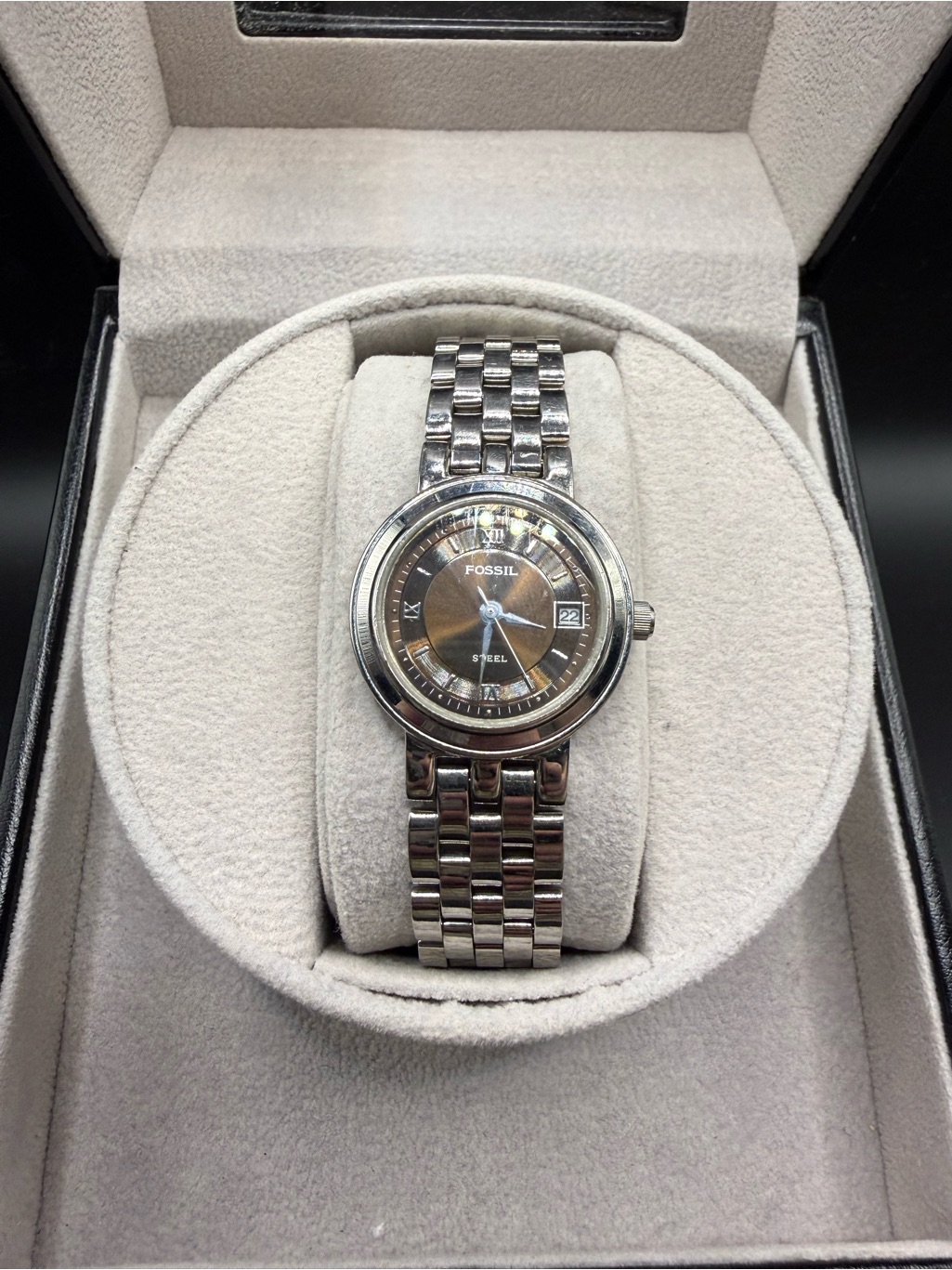 Fossil Steel Fs2549 Womens Watch 25mm Brown Dial Date Stainless Silver
